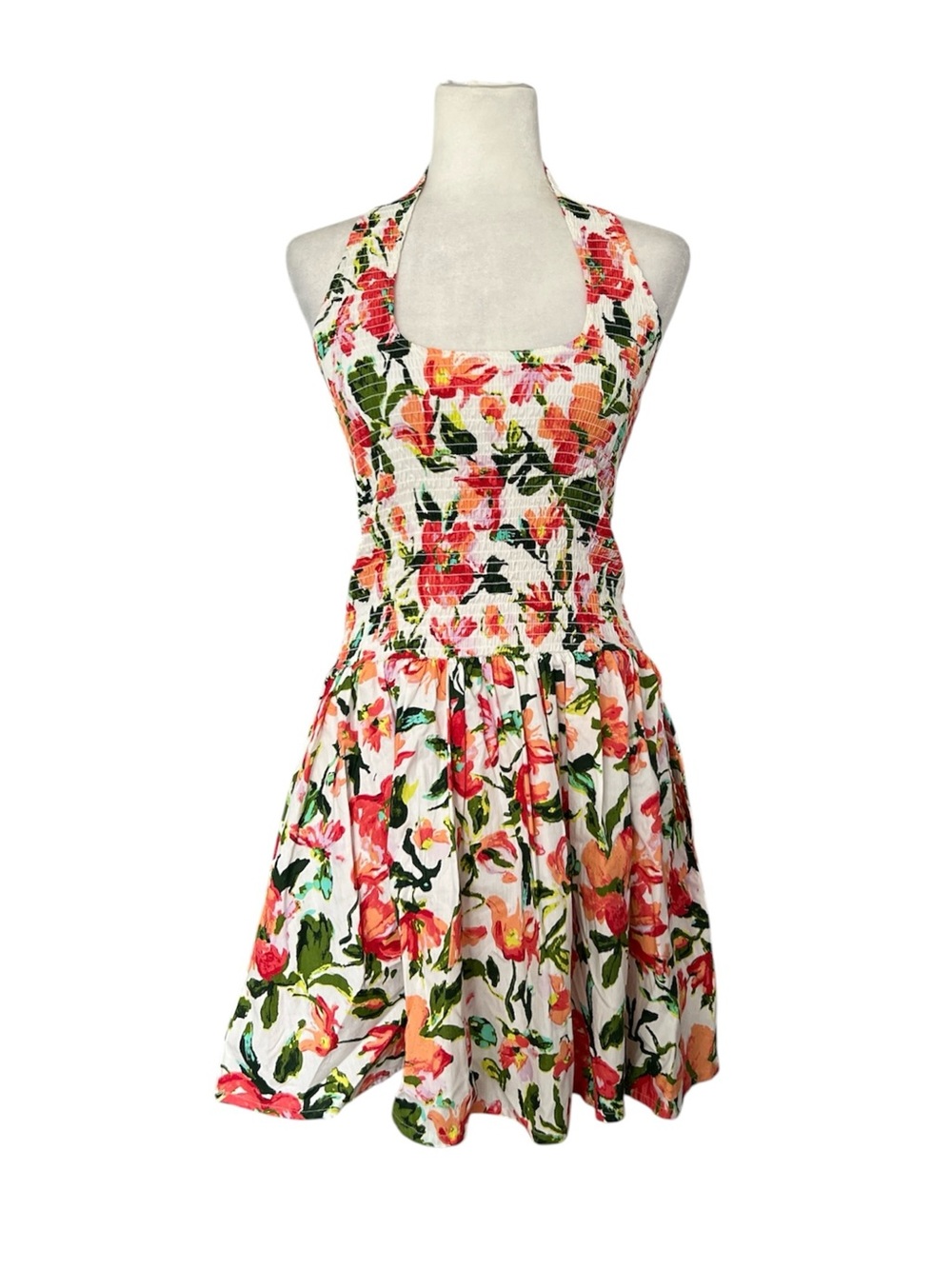 🆕 BAND OF THE FREE Cotton Ruched Halter Floral Dress with Pockets
